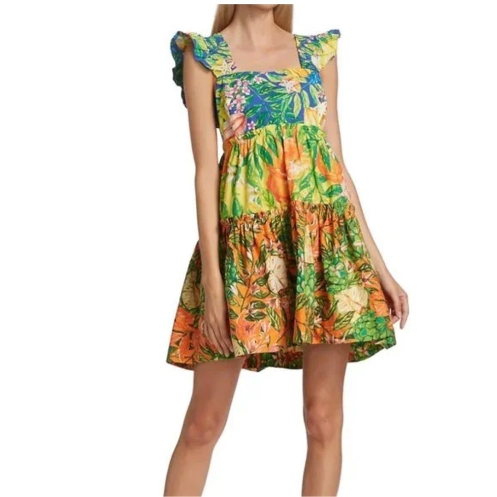 FARM RIO Caipirinha Tiered Printed Ruffle Sleeve Tropical Cotton Mini Dress NWT - Picture 4 of 16